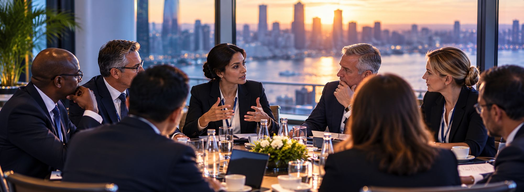 Executives in a strategy discussion around a table at sunset, city skyline beyond