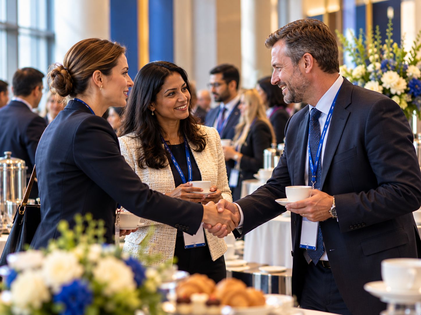 Delegates shaking hands during a conference coffee break