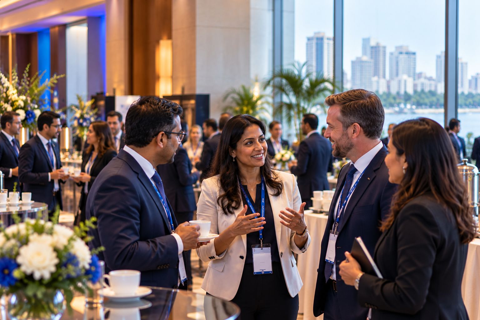 Delegates networking in a modern venue with a contemporary city skyline