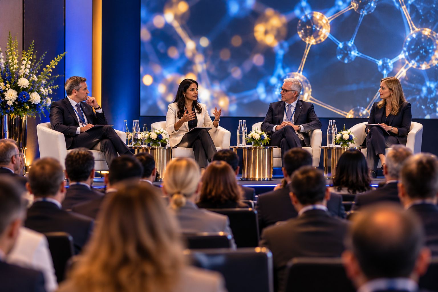 Panel of four experts in discussion on a conference stage